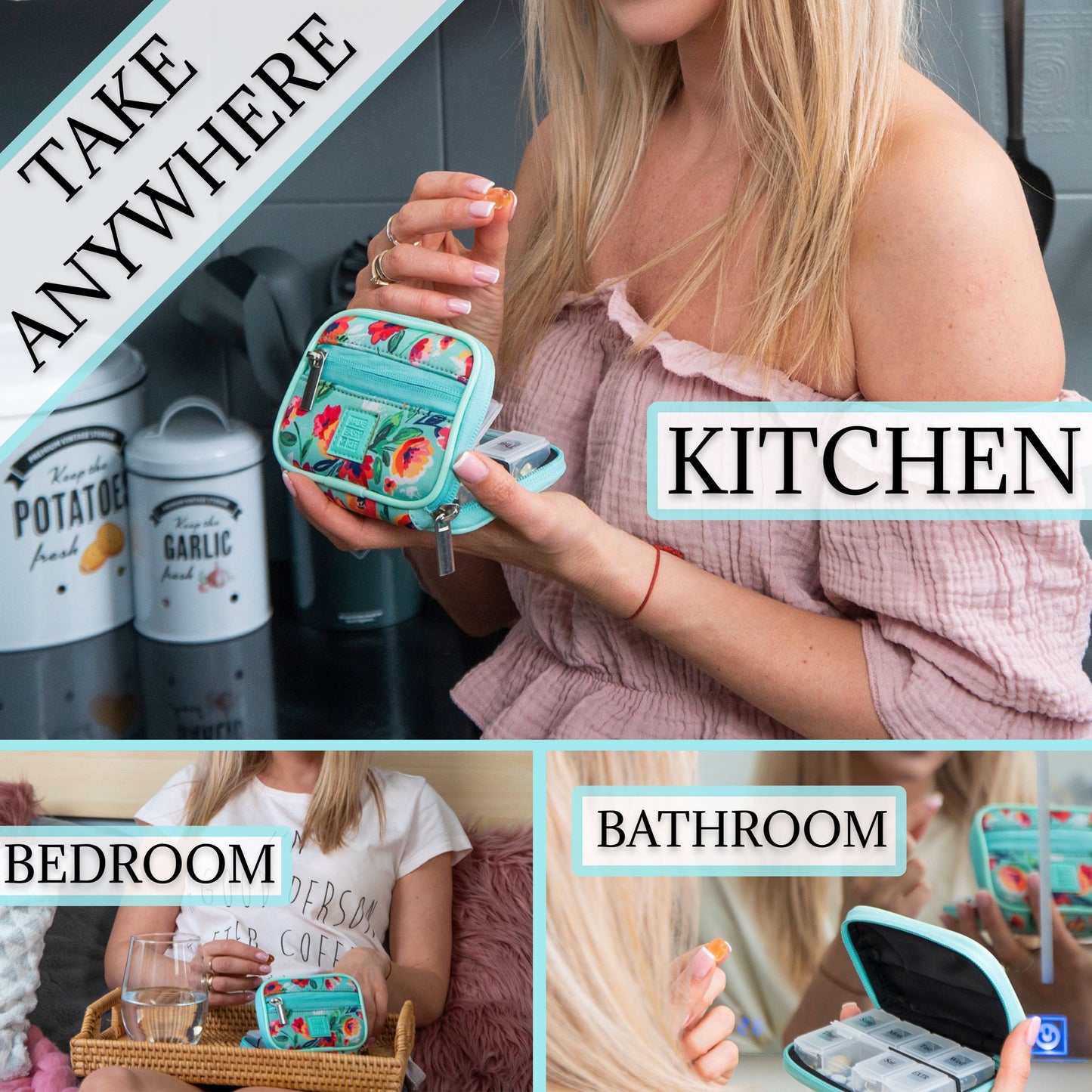 Made Easy Kit Pill Case - Weekly 7-Day Medicine Organizer: Teal Floral