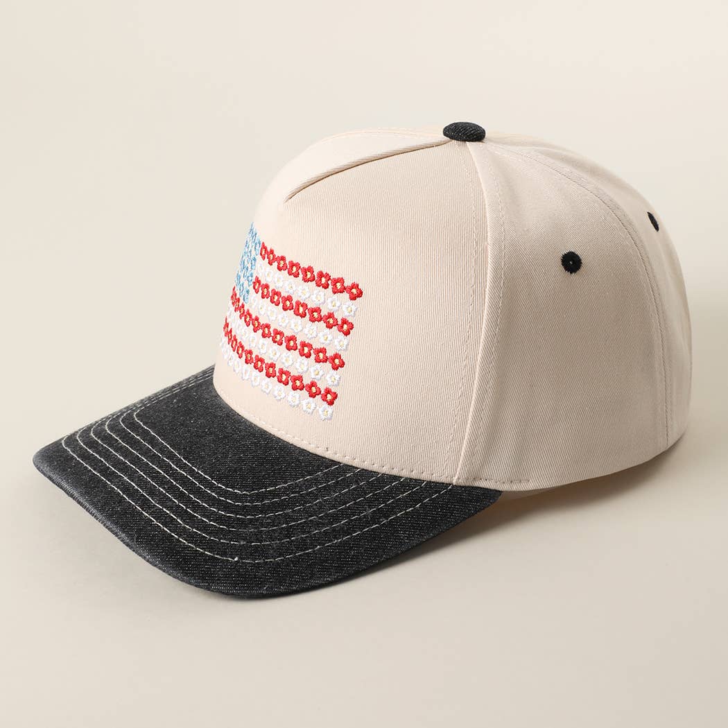 Floral American Flag Embroidered Two-Tone Denim Trucker Hat: LT DENIM / ONE SIZE