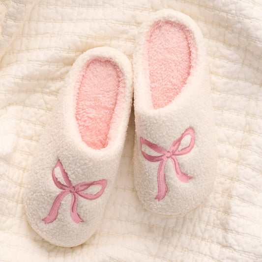 Fuzzy Slippers-Bow Pink: S/M (Women's 5 - 7.5)