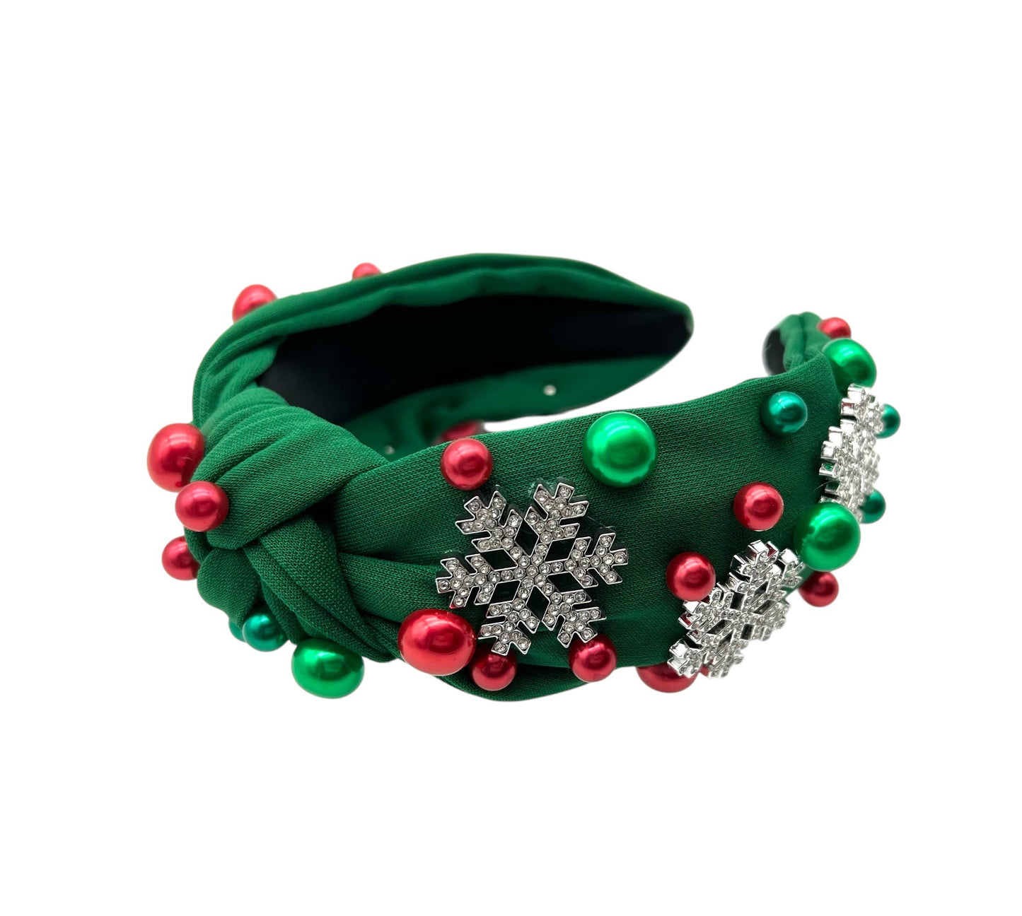 Holiday Christmas Snowflake Green Jewel Pearl Knot Headband