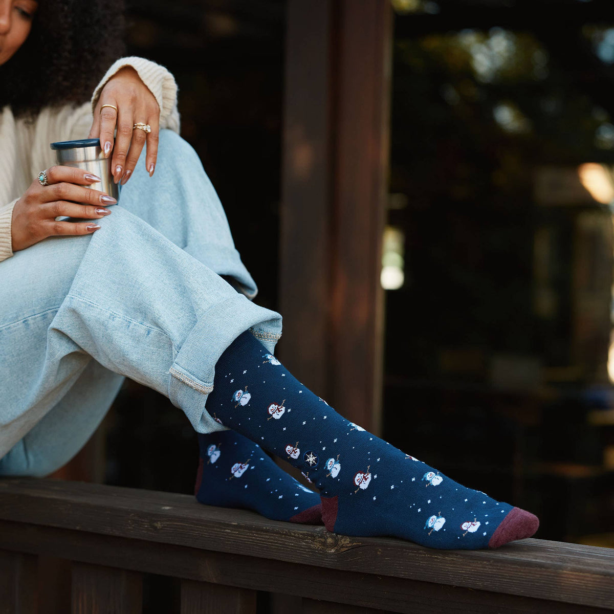 Socks that Give Water | Navy Snowmen - Gifts that Give Back: Medium