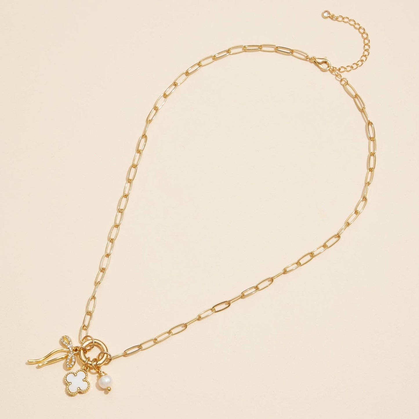 Gold Dipped Bow Charm Necklace with Clover and Pearl: Gold / One / 4DN18068