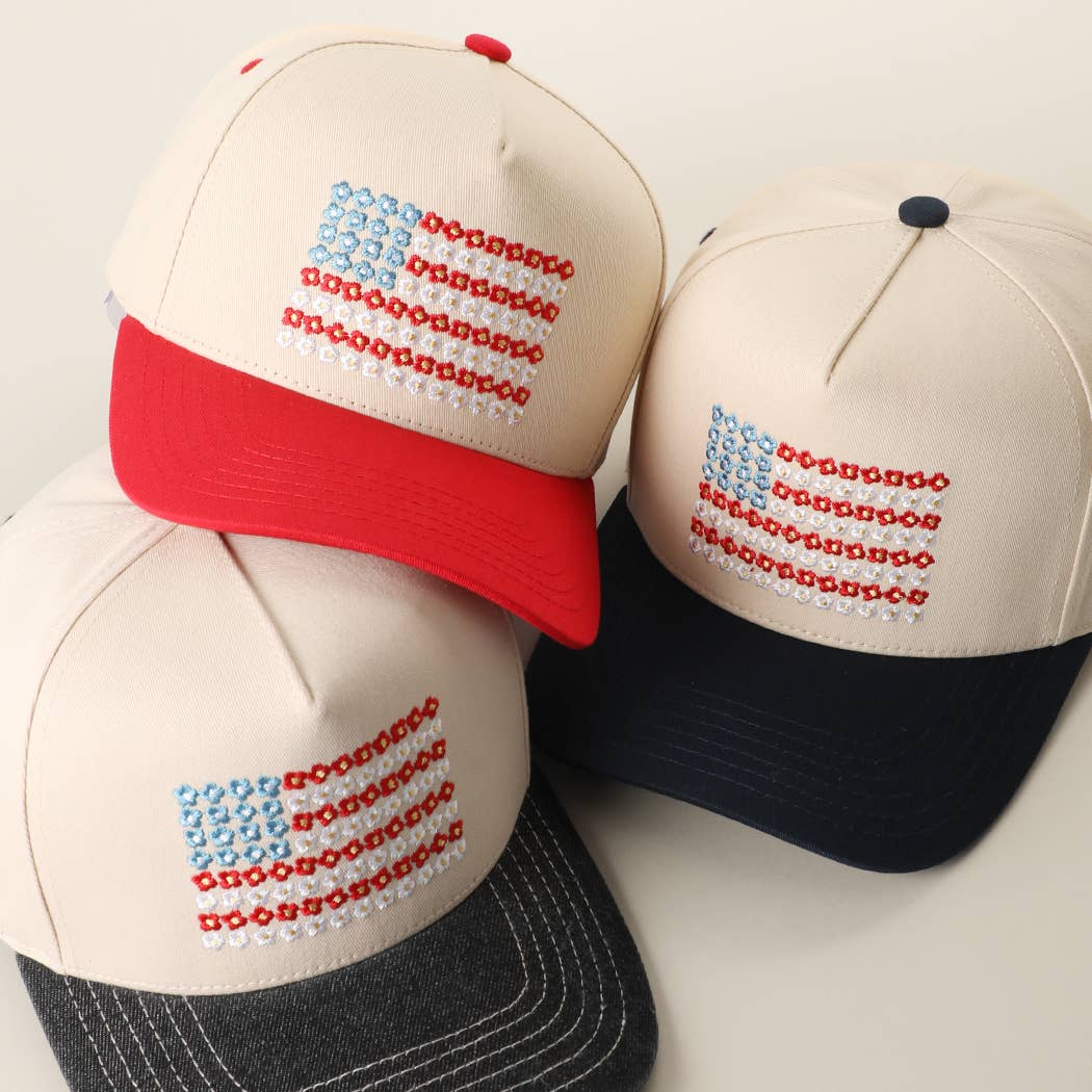 Floral American Flag Embroidered Two-Tone Denim Trucker Hat: LT DENIM / ONE SIZE