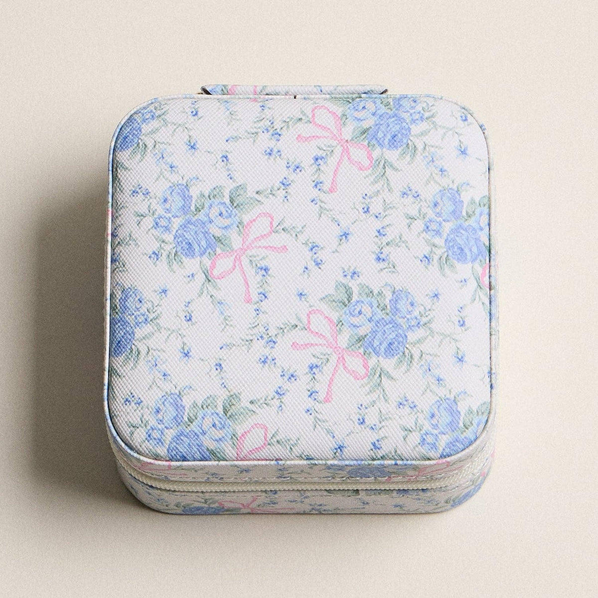 Travel-Ready Blue Floral | Jewelry Box with Pink Bow: BL / ONE