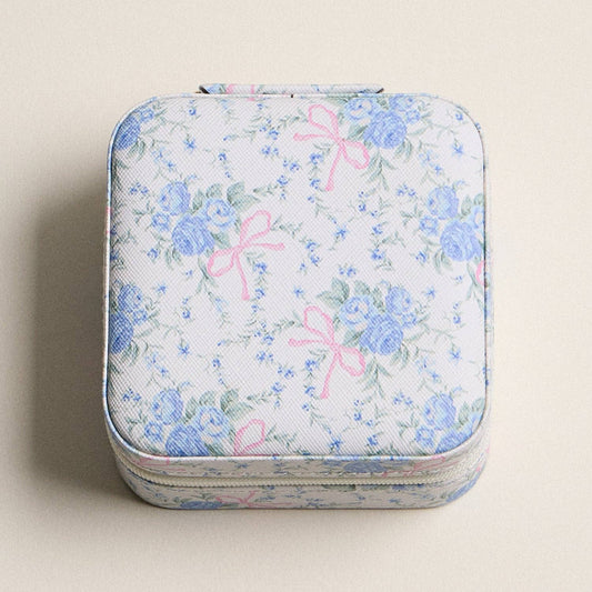 Travel-Ready Blue Floral | Jewelry Box with Pink Bow: BL / ONE