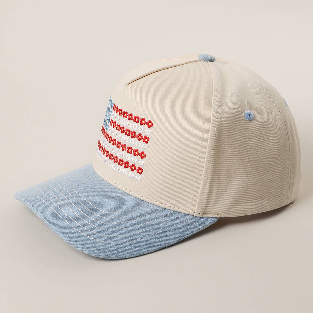 Floral American Flag Embroidered Two-Tone Denim Trucker Hat: LT DENIM / ONE SIZE