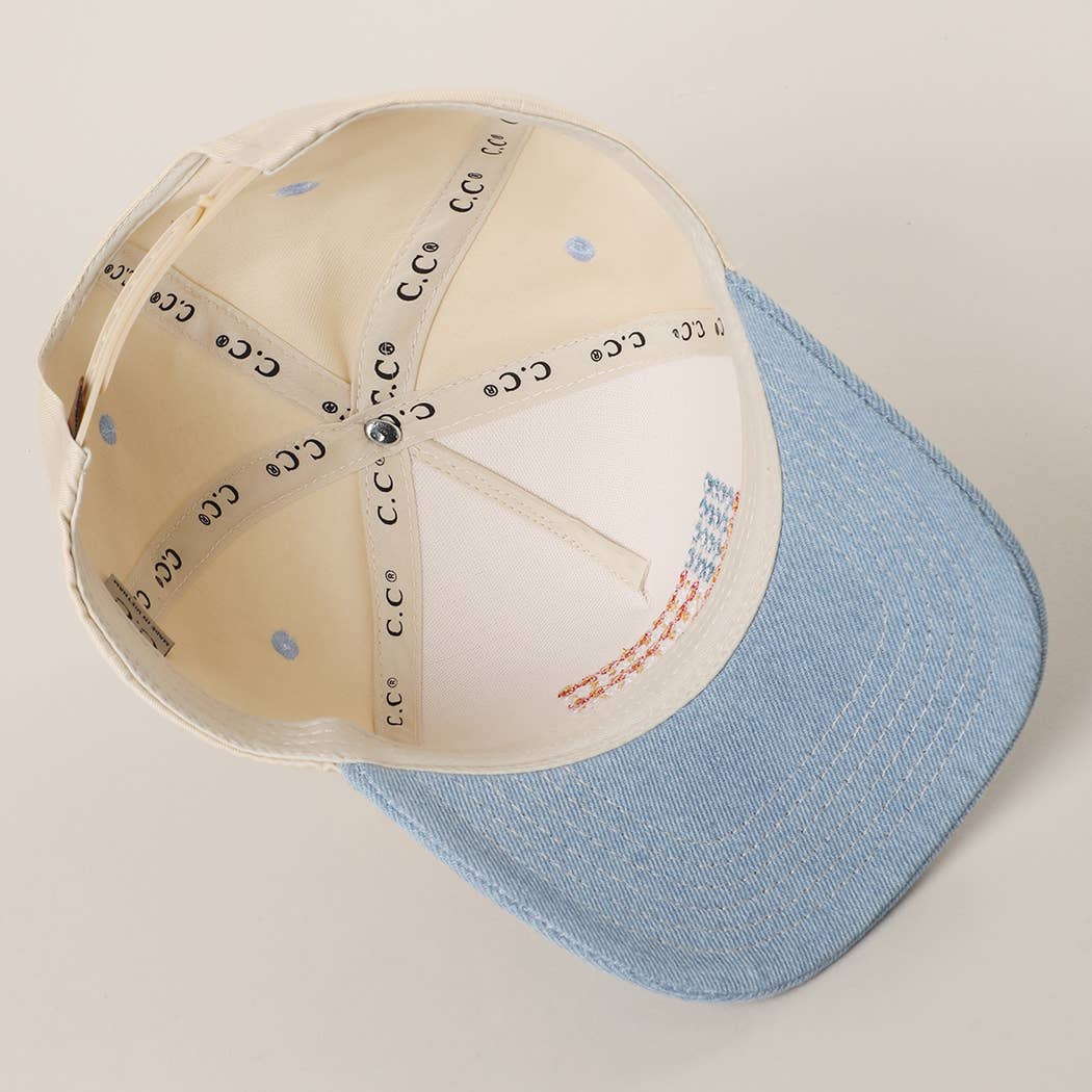 Floral American Flag Embroidered Two-Tone Denim Trucker Hat: LT DENIM / ONE SIZE