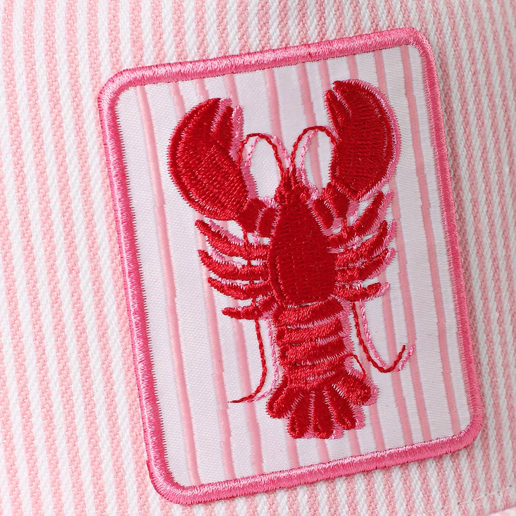 Lobster Embroidered Patch Seersucker Trucker Hat: BLUE / ONE SIZE