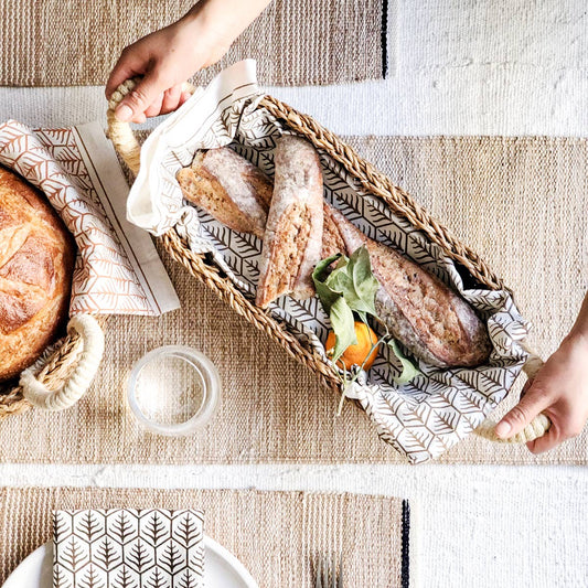 Handwoven Savar Bread Basket with White Handle-Set of 2