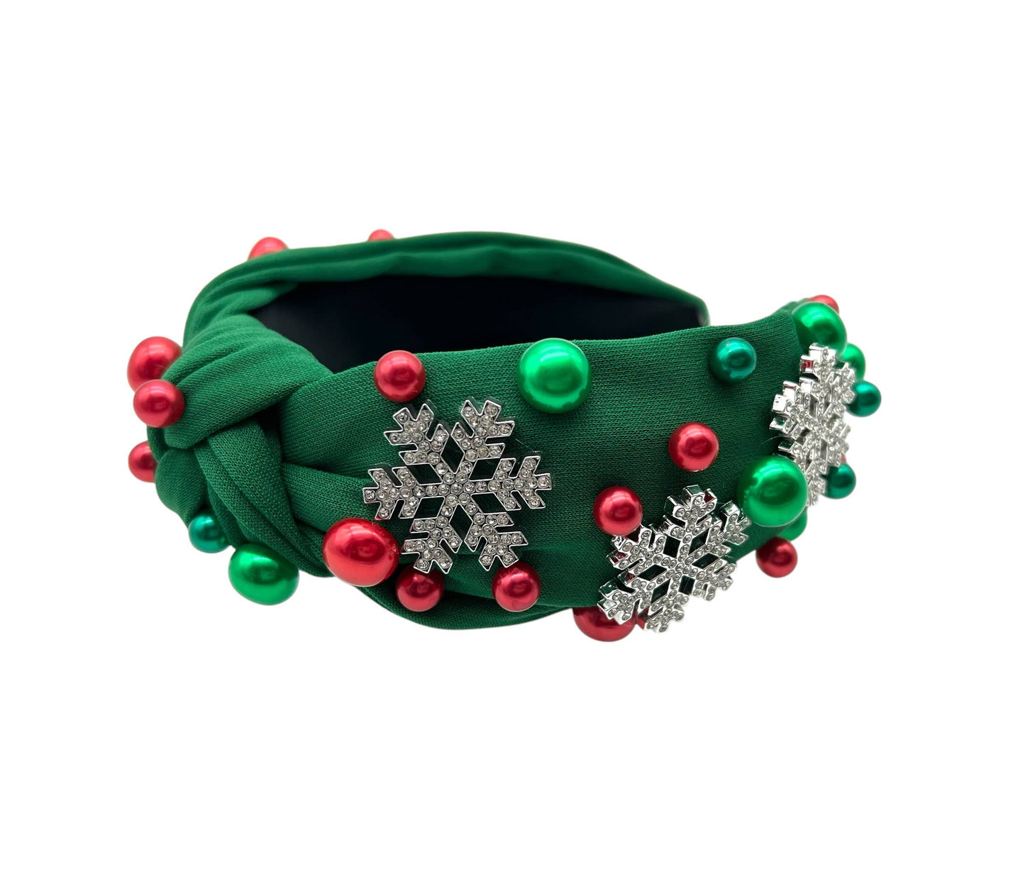 Holiday Christmas Snowflake Green Jewel Pearl Knot Headband
