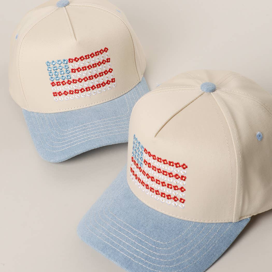 Floral American Flag Embroidered Two-Tone Denim Trucker Hat: LT DENIM / ONE SIZE