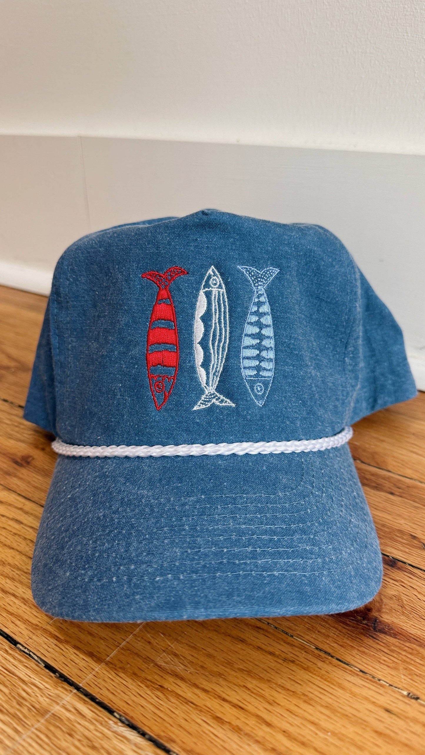 Sardine Hat: Red + tan canvas hat | red white + blue thread
